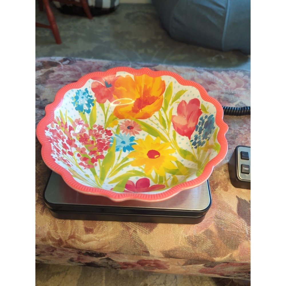 Pioneer Woman Sunny Days Coral Melamine Serving Bowl 9" Ruffled Edges